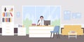 Doctor appointment flat vector illustration, cartoon physician woman character sitting at doctoral medical workplace