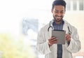 Doctor, asian man and tablet with smile in hospital for planning, research and consulting on blurred background. Clinic