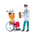 Doctor attending old woman in wheelchair