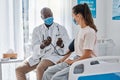 Doctor, blood pressure and healthcare medic checking womans hypertension levels on the hospital bed. People, healthy or