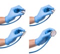 Doctor in blue glove holds stethoscope in his hands. Isolated on white. set Royalty Free Stock Photo