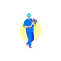 Doctor with a bouquet of flowers in his hands, Doctor in medical gown holding flowers , Happy doctor with flowers. Vector flat des
