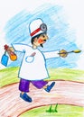 Doctor brings the spoon with a drug, ambulance concept - child drawing picture on paper