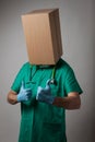 Doctor with cardboard box head