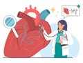 Doctor cardiologist examining human heart with stethoscope, vector illustration. Cardiology, medicine and heart health.