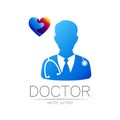 Doctor cardiologist and heart vector logotype in blue, violet color. Silhouette medical man. Logo for clinic, hospital