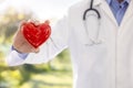 Doctor or cardiologist holding red heart background