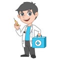 Doctor cartoon character with inject and box medicine. health care banner design. Medical colleagues hospital staff