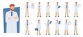 Doctor character in different poses. Doctors checklist, eye test and health care professional, radiologist and therapist