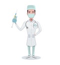 Doctor character holding a syringe in hand ready for injection. Medic in a medical mask. Vector flat cartoon design Royalty Free Stock Photo