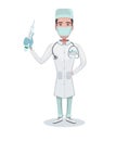 Doctor character holding a thermometer in hand. Medic in a medical mask. Vector flat cartoon design