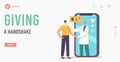 Doctor Character Shaking Hands with Patient at Huge Mobile Screen Landing Page Template. Remote Health Care