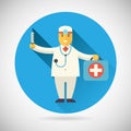 Doctor character with suitcase syringe stethoscope