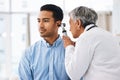 Doctor check patient ear, consultation and healthcare, people at hospital with otolaryngology specialist. Man and senior