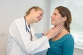 doctor checking females patient throat at hospital
