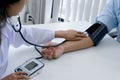 Doctor checking old woman patient arterial blood pressure. Health care Royalty Free Stock Photo