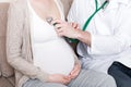 Doctor is checking pregnant woman`s heartbeat with a stethoscope Royalty Free Stock Photo