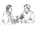 The doctor checks the blood pressure of an elderly patient, hand drawn doodle, sketch