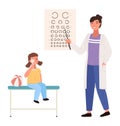 The doctor checks the child s eyesight. Optometrist points to the table for testing visual acuity