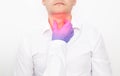 The doctor checks during the examination of the thyroid gland in a man on a white background. Concept of Thyroid Disease in Men,