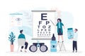 Doctor checks patient vision by snellen chart. Man on reception at ophthalmologist. Instruments for eye examination Royalty Free Stock Photo