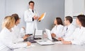 Doctor chief speech at meeting in office Royalty Free Stock Photo