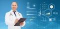 Doctor with clipboard, stethoscope and charts Royalty Free Stock Photo