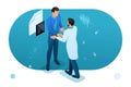 Doctor communicates with the patient. Health care concept. 3d isometric. Concept for web design