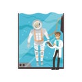 Doctor conducts medical examination of astronaut. Cartoon man character training in glass water tank. Young pilot