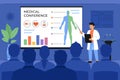 Doctor conference concept with group of doctors discuss flat design vector illustration