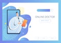 The doctor is consulting using the device. Concept banner for online doctors.