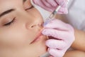 The doctor cosmetologist makes Lip augmentation procedure of a beautiful woman