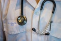 Doctor of a Covi-19 unit wearing a stethoscope, close-up Royalty Free Stock Photo