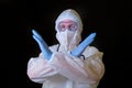 A doctor in a covid protective suit shows a gesture of prohibition with his arms crossed Royalty Free Stock Photo