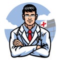 Doctor crossing arm in front of hospital badge