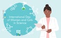 Dark-skinned female chemist with a folder. International Day of Women and Girls in Science. Flat style. Abstract background