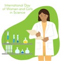 Dark-skinned girl chemist with a folder. International Day of Women and Girls in Science. Woman scientist. Flat style. Royalty Free Stock Photo