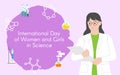 Woman chemist with a folder. International Day of Women and Girls in Science. Woman scientist. Flat style. Set of icons.