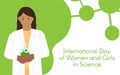 Dark-skinned female chemist with a test tube. International Day of Women and Girls in Science. Illustration. Flat style.