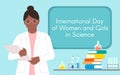 Dark-skinned female chemist with a folder. International Day of Women and Girls in Science. Illustration. Flat style.