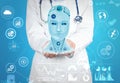 Doctor demonstrating digital model of artificial intelligence on blue background, closeup. Machine learning