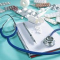 Doctor desk workplace stethoscope spiral notebook Royalty Free Stock Photo