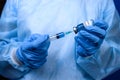 doctor dials a Coronavirus vaccine from a glass ampoule into a syringe