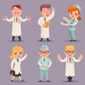 Doctor Different Positions and Actions Character Icons Set Medic Retro Cartoon Design Vector Illustration