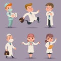 Doctor Different Positions and Actions Character Icons Set Medic Retro Cartoon Design Vector Illustration