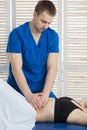 The doctor does diagnostics of muscles of an abdominal cavity of the patient. Removal of tension of muscles of a stomach Royalty Free Stock Photo