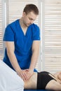 The doctor does diagnostics of muscles of an abdominal cavity of the patient. Removal of tension of muscles of a stomach Royalty Free Stock Photo