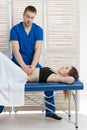 The doctor does diagnostics of muscles of an abdominal cavity of the patient. Removal of tension of muscles of a stomach Royalty Free Stock Photo
