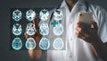 A doctor does a pointed analysis, diagnoses a patient's brain testing findings with a stethoscope, and gives futuristic