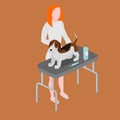Doctor with dog. Vet clinic. Cartoon woman veterinarian healing dog. Animal nurse.
